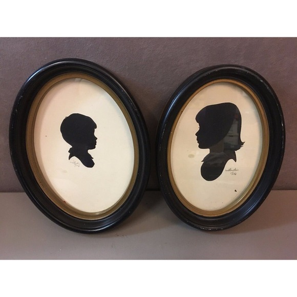 2 Antique Silhouette Paintings Boy 1900 & Girl 1903 Oval Frames Gilt Rim